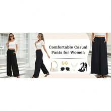 Women's Wide Leg Pants, Elastic Waist With Drawstring, Lightweight Loose Casual Trousers With Pockets - 藍色 - 查看 9