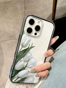 1pc Creative White Tulip Aesthetic Pattern 2-In-1 Black Frame Transparent Full Coverage Shockproof TPU Fashion Phone Case Compatible With Apple 11 12 13 14 15 16 17 Pro Max/Plus Shock-Absorbing Protective Cover - Multicolor - View 5