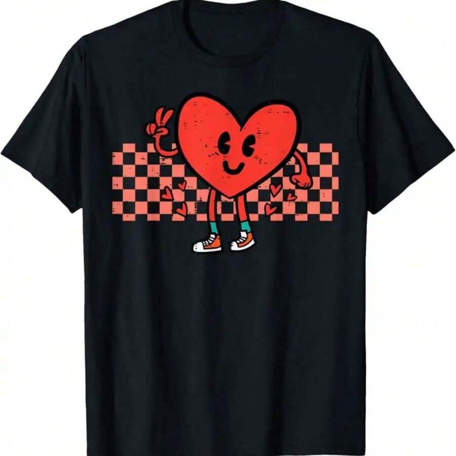 Retro Groovy Heart Peace Hand T-Shirt For Men And Women - 黑色 - 查看 1