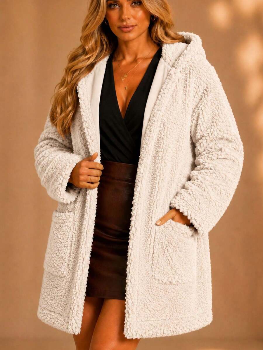 Teddy Overcoat With Hood And Pocket, Women's Warm Winter Jacket With Long Sleeves - White - View 1