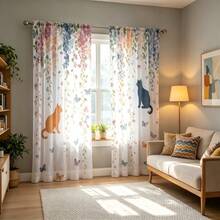 2pcs Sheer Curtains Featuring A Cat And Floral Motif,Adorned With Watercolor-Style Trailing Vines,Butterflies,And Cat Silhouettes,Translucent Curtains Feature A 2D Flat Print,Suitable For Use In Dining Rooms,Living Rooms,And Balconies. - Multicolor - View 14