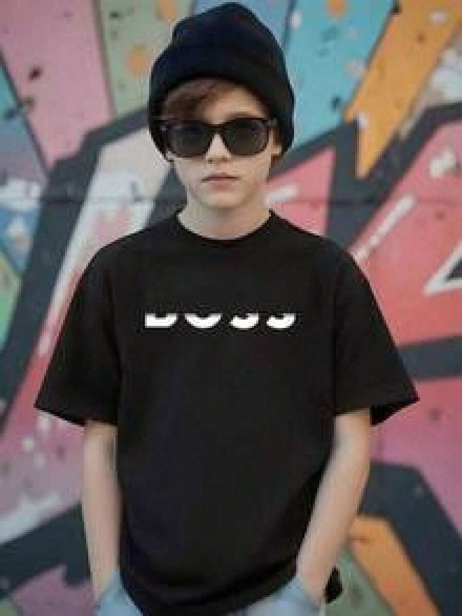 Summer 2026 Holiday Korean Fashion Urban Style Minimalist Holiday Multicolor Oversize Cup 2026 Cool Breathable Super Soft Fabric 100% Cotton Unisex Young Boys/Girls Print T-Shirt - 黑色 - 查看 1