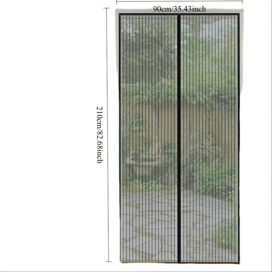 Puerta de Malla Magnética Potente - Entrada Libre de Manos, Diseño Resistente a Insectos de Malla Duradera, Adecuada para Puerta Principal, Puerta Trasera y Puerta del Patio - Patrón de Rayas Verticales, Material de Tela Suave - Poliéster negro - Ver 1