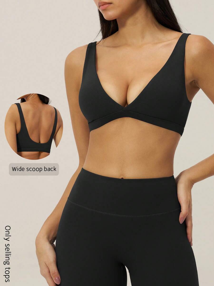 TimeOff 1pc Women V-Neck Backless Solid Color Workout Running Tank Top Sports - Black - View 1