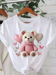 Camiseta de algodón para mujer con estampado de osito de peluche, manga corta, cuello redondo, estilo casual, ideal para el día a día.Tee - Blanco - Ver 1