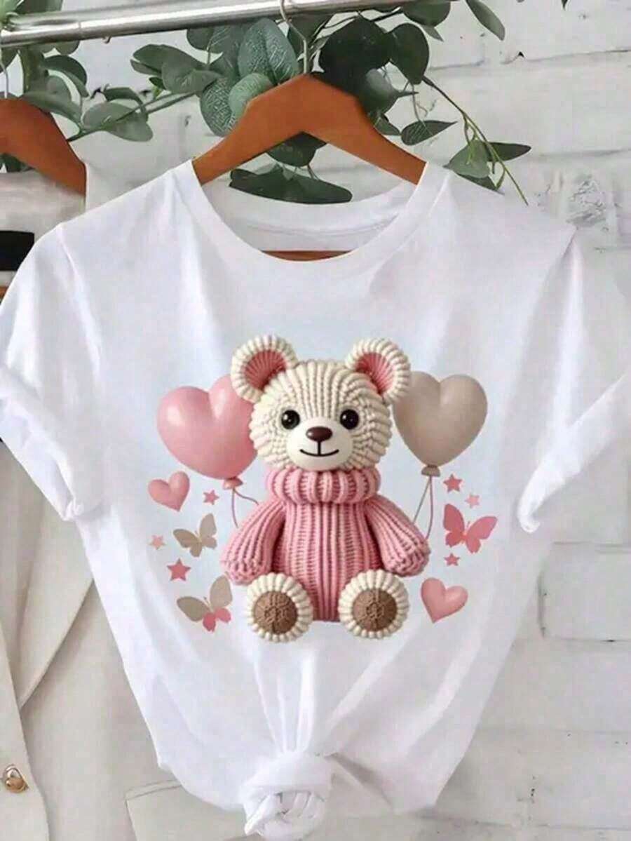 Camiseta de algodón para mujer con estampado de osito de peluche, manga corta, cuello redondo, estilo casual, ideal para el día a día.Tee - Blanco - Ver 1
