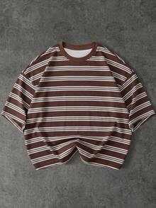 FRACTYR Men's Summer Boxy Short Street Style Retro Multicolor Striped Short T-Shirt, Light Blue Yellow Black Colorblock Loose Short Sleeve T-Shirt, Comfortable And Breathable Suitable For Outdoor Wear - Brown - View 4
