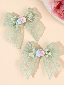 2pcs Green Floral Embroidered Lace Hair Clips, Delicate Embroidered Daisy Hair Clips, Sweet Forest Style Teen Hair Accessories, Spring/Summer - Mint Green - View 8