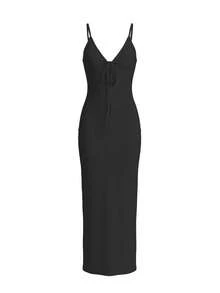 LovelyWholesale Women's Sexy Deep V-Neck Hollow Lace-Up Bodycon Maxi Summer Dress Elegant - Black - View 5