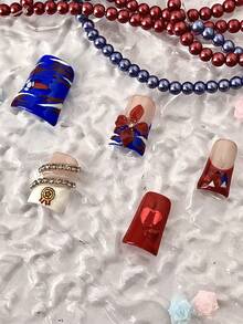 10 piezas Uñas postizas para mujer fan de fútbol, uñas acrílicas falsas hechas a mano, tema rojo & azul, decoración de arte de uñas 3D de fútbol & flores, cuadradas brillantes, reutilizables, suministros de arte de uñas, decoración de arte de uñas - Multicolor - Ver 5