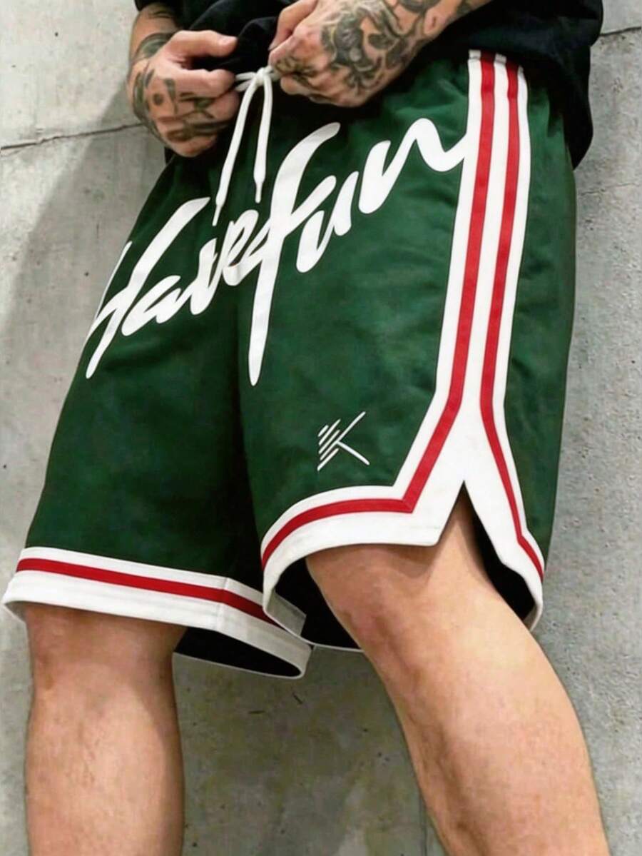 男士夏季運動短褲 籃球抽繩彈性網眼快乾百慕達短褲 - 綠色 - 查看 1
