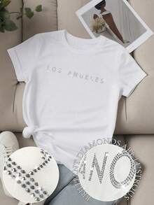 Women's Unity Letter Slogan Short Sleeve T-Shirt, LOS ANGELES Graphic Tees, Women's Tops - 藍白色 - 查看 1