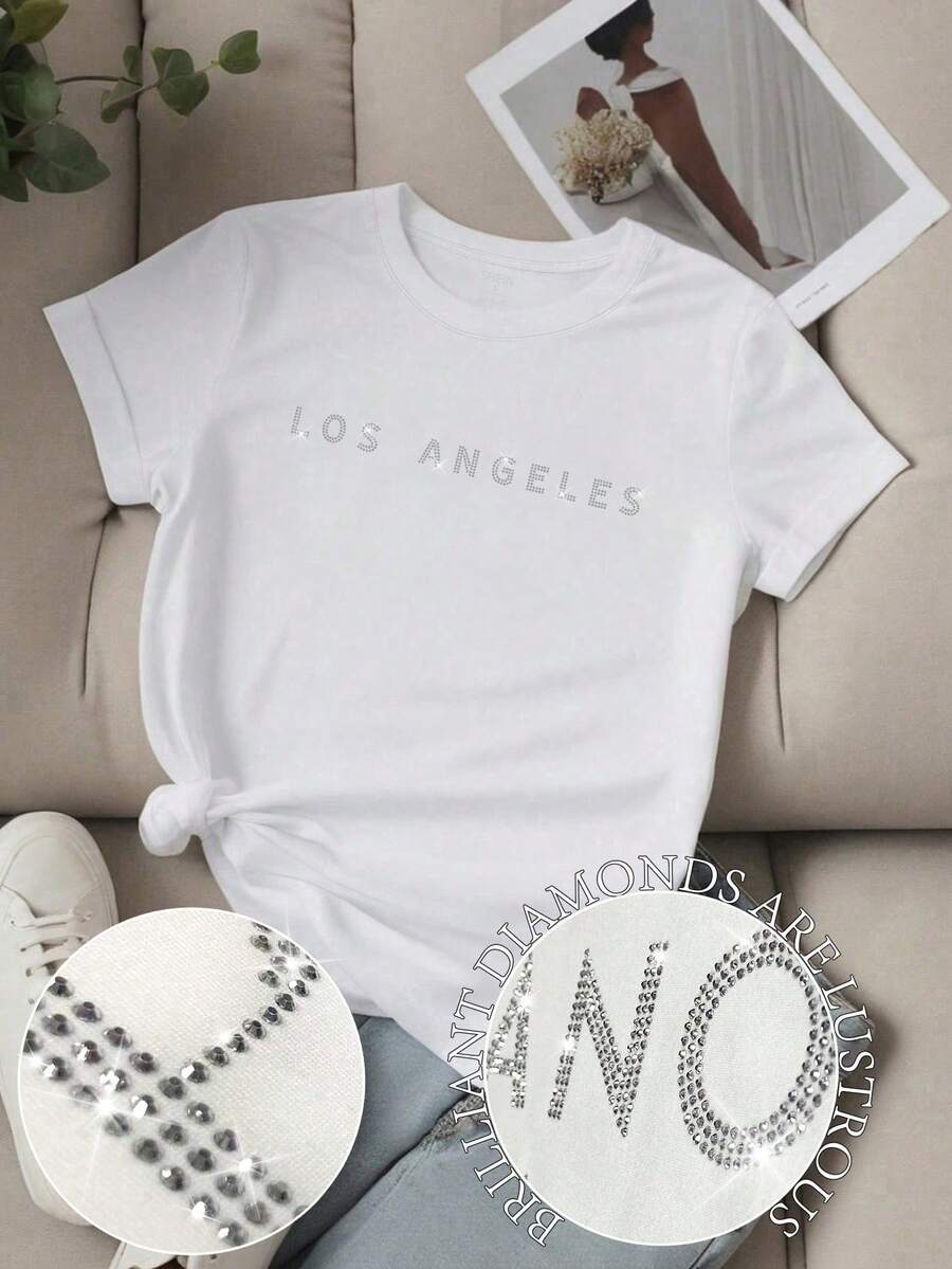 Women's Unity Letter Slogan Short Sleeve T-Shirt, LOS ANGELES Graphic Tees, Women's Tops - 藍白色 - 查看 1