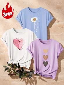 3pcs/Set Women's Casual Short Sleeve Round Neck T-Shirts - Printed Pattern, Soft & Comfortable Fabric, Machine Washable, Summer Tops - Multicolor - View 2