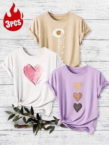 3pcs/Set Kaos Wanita Lengan Pendek Kasual Kerah Bulat - Motif Cetak, Kain Lembut & Nyaman, Dapat Dicuci dengan Mesin, Atasan Musim Panas - MultiWarna - View 2