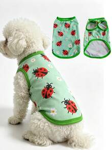 1pc Cute Ladybug Floral Print Pet Tank Top, Breathable Mesh Sleeveless Dog Vest, Soft Lightweight Puppy Summer Clothes, Casual Daily Wear Small Medium Dogs Outfit, Dog Clothes, Green Pet Apparel For Chihuahua Poodle Bichon. - Multicolor - View 1