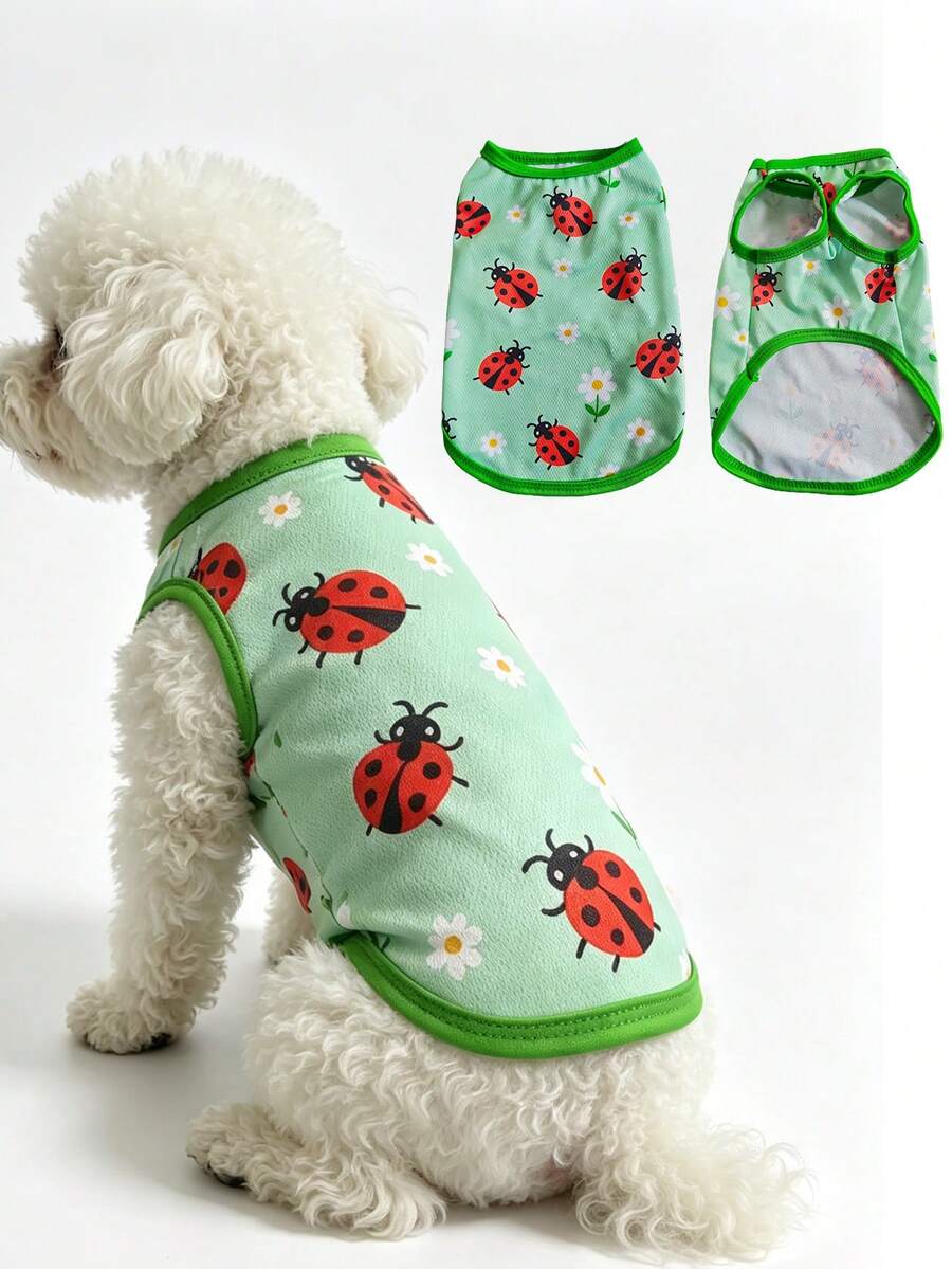 1pc Cute Ladybug Floral Print Pet Tank Top, Breathable Mesh Sleeveless Dog Vest, Soft Lightweight Puppy Summer Clothes, Casual Daily Wear Small Medium Dogs Outfit, Dog Clothes, Green Pet Apparel For Chihuahua Poodle Bichon. - Multicolor - View 1