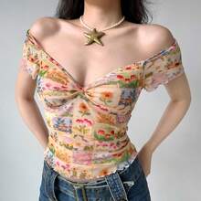 Top de manga corta con cuello floral pequeño estilo pintura al óleo retro, nuevo estilo de verano, puro y seductor, impresionante camisa de chica moderna con borde de malla. - Color de la imagen - Ver 4