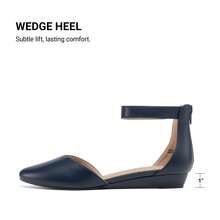 Women's Closed Pointed Toe Low Wedge Ankle Strap Casual Comfortable Ballet Flats With Back Zipper Design Party Wedding Shoes Navy - Navy Blue - View 7
