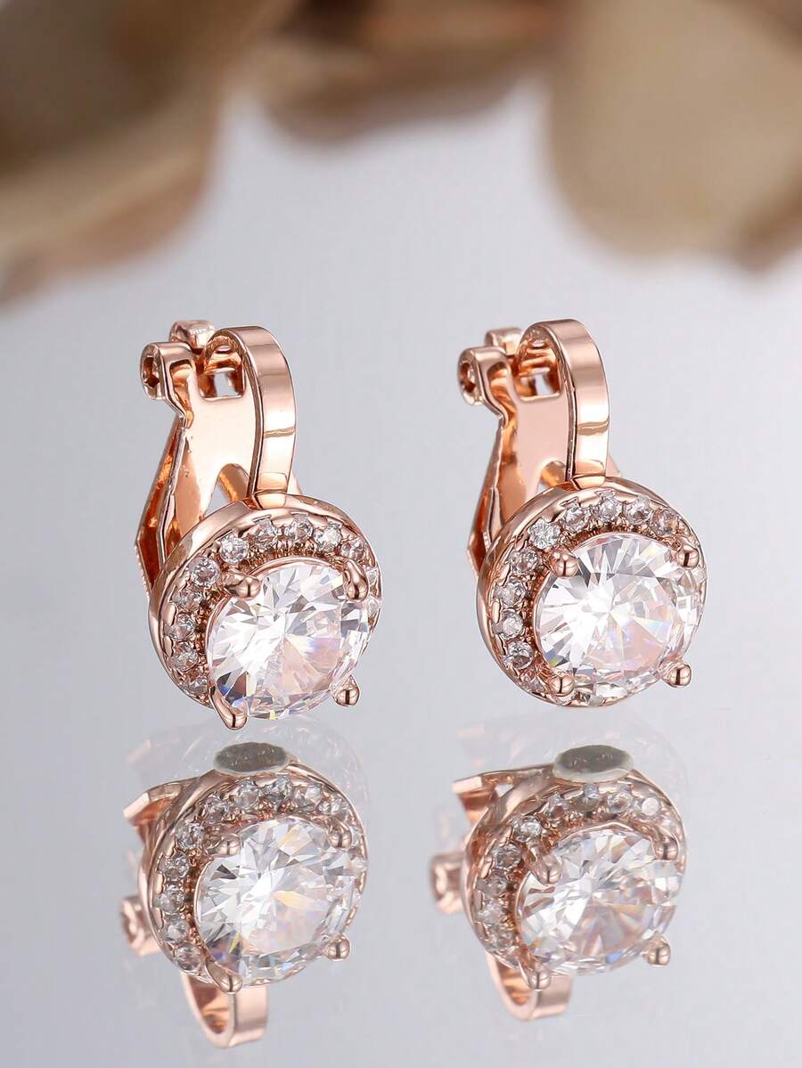 Vanel 1Pair Chic Clip Earrings, Round CZ Center With Clear CZ Halo Design For Daily & Party Wear - Rose Gold-white - View 1