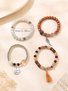 4 piezas Pulseras de niña estilo bohemio con cristal, bloques de color, hoja de turquesa, aleación y borlas multicapa - Multicolor - Ver 5