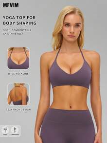 MFVIM Women's Halter Neck Hollow Back Fitted Sports Bra, Versatile Soft Lightweight Skin-Friendly Top For Running And Fitness - Purple - View 2