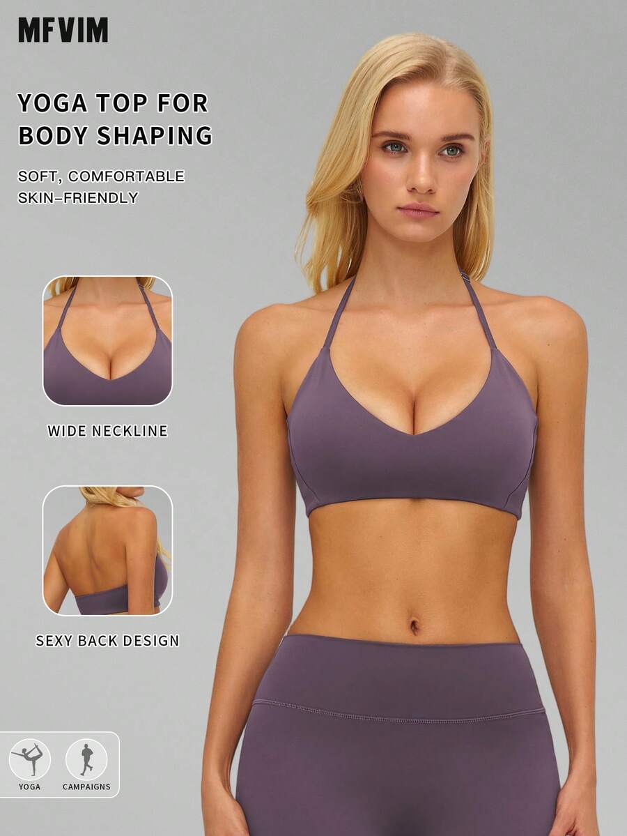 MFVIM Women's Halter Neck Hollow Back Fitted Sports Bra, Versatile Soft Lightweight Skin-Friendly Top For Running And Fitness