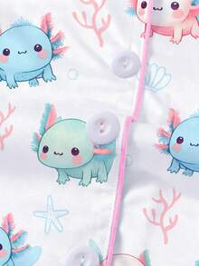 4-Season New Tween Girl's Short Pajama Set, Soft Cute Hexagonal Dragon Print, Lapel Button-Down Home Sleepwear Outfit, Summer Flame-Retardant New Short Sleeve Shorts Set, Cute Hexagonal Dragon Paired With Shell And Starfish Print, Soft Fabric, Comfortable And Breathable, Summer Holiday Party Set, Short Sleeve Shirt Lapel Button-Up Top And Elastic Shorts, Casual 4-Season Home And Outdoor Children's Loungewear - White - View 6