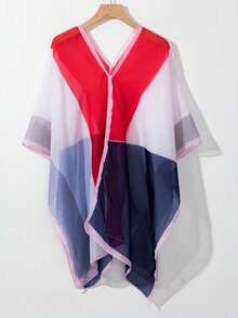 1pc Lightweight Off-Shoulder Chiffon Shawl, Fashion Color Blocking, Pearl Button Beach Cover Up - Multicolor - View 19