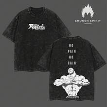 Camiseta de gimnasio Jack Hanma No Pain No Gain, camiseta de corte holgado estilo anime Baki, top de entrenamiento de algodón con efecto lavado ácido, camiseta de streetwear con doble esta - Negro - Ver 1