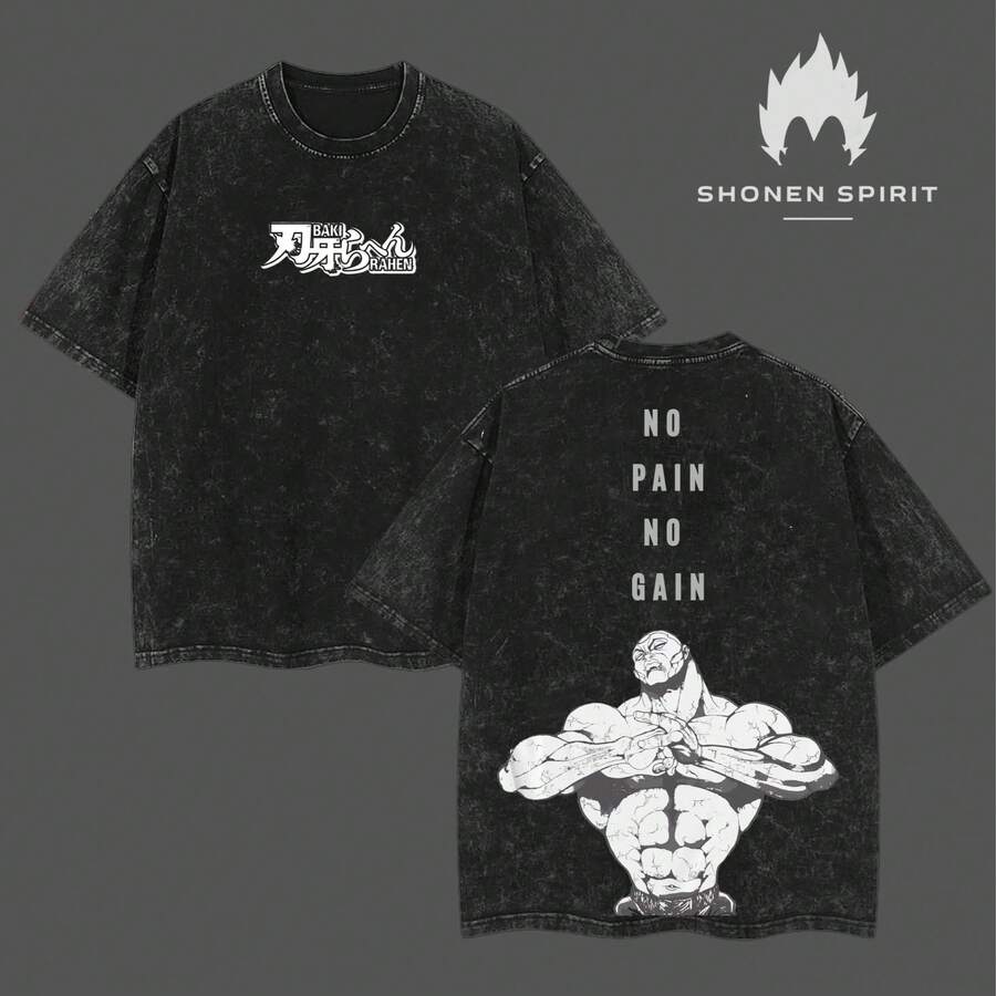 Camiseta de gimnasio Jack Hanma No Pain No Gain, camiseta de corte holgado estilo anime Baki, top de entrenamiento de algodón con efecto lavado ácido, camiseta de streetwear con doble esta - Negro - Ver 1