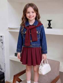 3pcs/Set, Girls Fashionable Casual Embroidered Denim Jacket + Solid Color Skirt + Matching Shawl - Burgundy - View 2