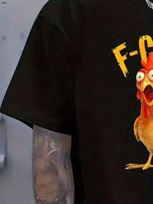 Men's T-Shirt With Funny Rooster Print F-Caw-F - Vintage Black Loose Fit Short Sleeve T-Shirt With Bright Yellow Rooster And F-Caw-F Print, Casual Outdoor Wear, As - 黑色 - 查看 4