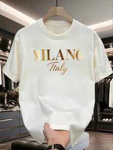 Manfinity Dauomo Camiseta casual de verano para hombres con cuello redondo, manga corta y estampado de letras - Blanco - Ver 1