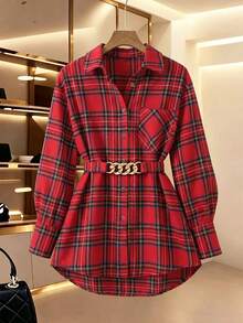 Women's Autumn/Winter Holiday Color Plaid Mid-Length High-Low Hem Slightly Dropped Shoulder Loose Fit Metal Buckle Design Belt Long Sleeve Shirt - Red - View 3