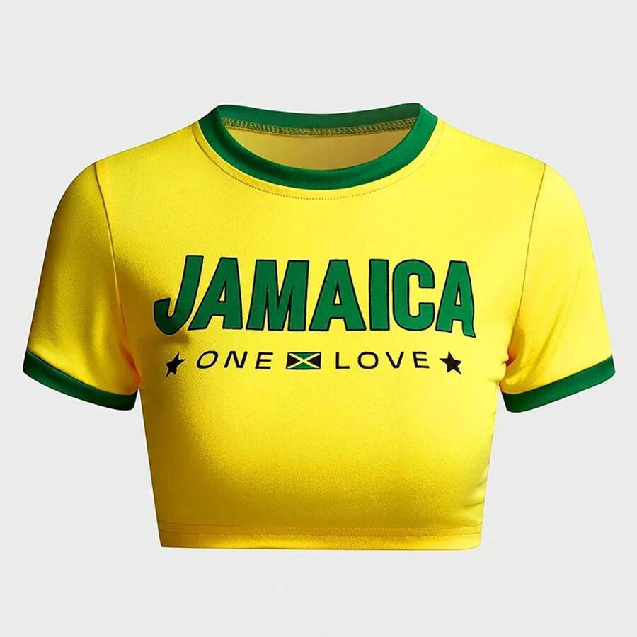 Retro Street Style Baby T-Shirt, Brazil Green Letter Print Crop Tops For Women, Slim-Fit Short Sleeve Casual Wear Y2k 2024 - nz1037-- - 查看 1