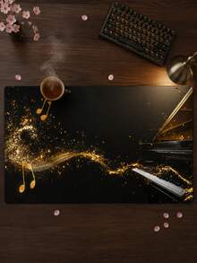 1pc XXL Large Black & Gold Music Piano Pattern Mouse Pad, 35.4X15.7 Inch Keyboard Mouse Accessory Desk Mat, Non-Slip Rubber Bottom Washable Durable, Cool Neon Lights Gold Musical Notes Desktop Protector, Suitable For Gaming Esports Office Home Use, Laptop Desktop Decoration, Back To School Season Student Study Mat, Perfect Gift For Father's Day Graduation Season - View 2