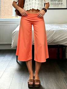 Fold Over Wide Leg Capri Pants For Women Low Rise Lounge Yoga Flare Culottes Y2k Flowy Crop Palazzo Pants - 橘色 - 查看 5