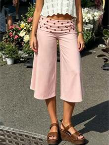 Fold Over Wide Leg Capri Pants For Women Low Rise Lounge Yoga Flare Culottes Y2k Flowy Crop Palazzo Pants - 淺粉色 - 查看 1