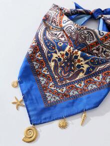 1件女款夏季時尚佩斯利印花方頭巾髮巾，附太陽、貝殼與海星吊飾裝飾，適合海灘、海邊及日常百搭穿搭，夏季髮飾頭巾海灘髮帶度假方巾 - 彩色 - 查看 4