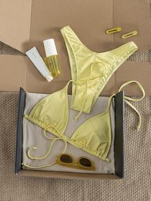 Summer Women's Solid Color Bikini Two-Piece Swimsuit Set, Halter Neck Tie Backless Swimsuit, Fashionable Sexy Bikini Swimsuit, Elegant Women's Beach Swimsuit, Suitable For Beach Vacation, Music Festival Party, Graduation Season And Other Occasions - Multicolor - View 6