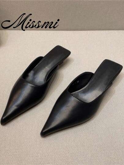 2025 Summer Pointed Toe Mule Slippers For Women, Low Heel Backless Sandals, Fashion Thin Heel Slip-On Shoes,Kitten Heels