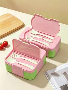 Caja Bento Dividida Estilo Japonés con Bloques de Color, Caja de Almuerzo a Prueba de Fugas y Fácil de Limpiar, Adecuada para Oficinistas, Estudiantes, Comidas Ligeras, Caja de Almuerzo Portátil, Viene con Utensilios - Rosa - Ver 9