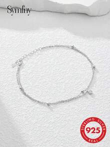 1pc 925 Sterling Silver Minimalist Double-Layer Circle Artificial Dangle Anklet, Suitable For Women To Wear In Daily Life, Summer & Vacation Holiday - Silver - View 2
