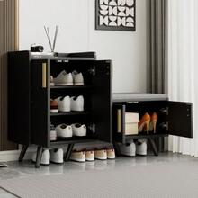 Modern Shoe Bench In Black Walnut, Shoe Cabinet, Equipped With Four Storage Doors, Asymmetrical Metal Handles, W 120/D 34/H 82 Cm - Black - View 5