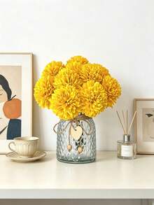 5pcs Artificial Spherical Chrysanthemum, Suitable For Spring, Summer, Wedding, Home, Kitchen, Restaurant, Room Decor, Bedroom Decor, Bathroom, Holiday And Birthday Party Supplies, Outdoor Garden Decor, Valentine's Day Gift - Yellow - View 1