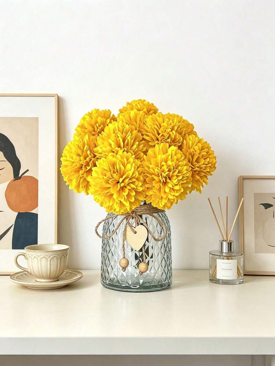 5pcs Artificial Spherical Chrysanthemum, Suitable For Spring, Summer, Wedding, Home, Kitchen, Restaurant, Room Decor, Bedroom Decor, Bathroom, Holiday And Birthday Party Supplies, Outdoor Garden Decor, Valentine's Day Gift - Yellow - View 1