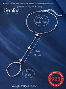 SYMFNY 1 件 925 纯银时尚优雅四叶草和方晶锆石连续指环和手链，适合女性日常、派对、节日穿着 - 銀色 - 查看 5