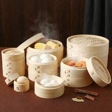1 set bambuångkokare, dubbelvånings bambuångkokare (15 cm, 18 cm, 21 cm), stapelbar design, lämplig för att ångkoka dumplings, grönsaker och fisk, säkerställer jämn värmefördelning och hälsosammare tillagning - Visa 5