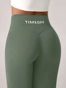 TimeOff 1件女款簡約彈性V腰提臀直筒寬腿字母印花運動長褲 - 軍綠色 - 查看 9